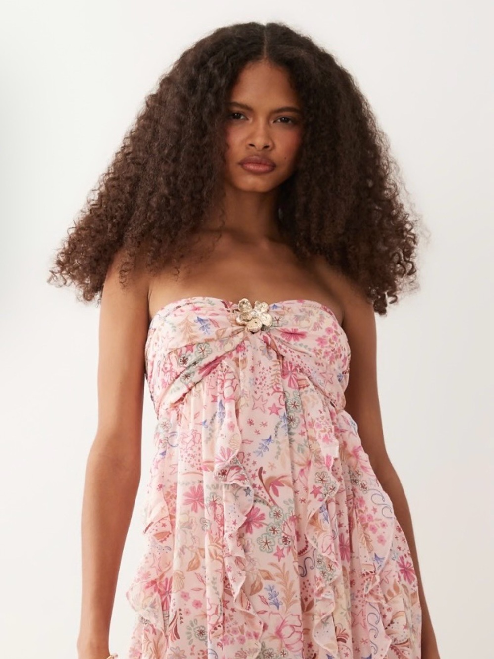 Strapless Pink Floral Ruffle hardware maxi  Dress -  Floral Print